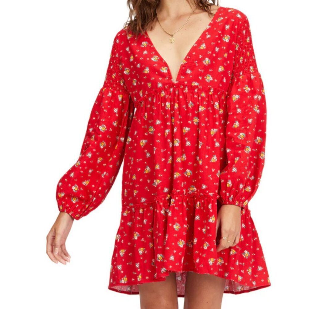 Red Floral Mini Dress with V-Neck